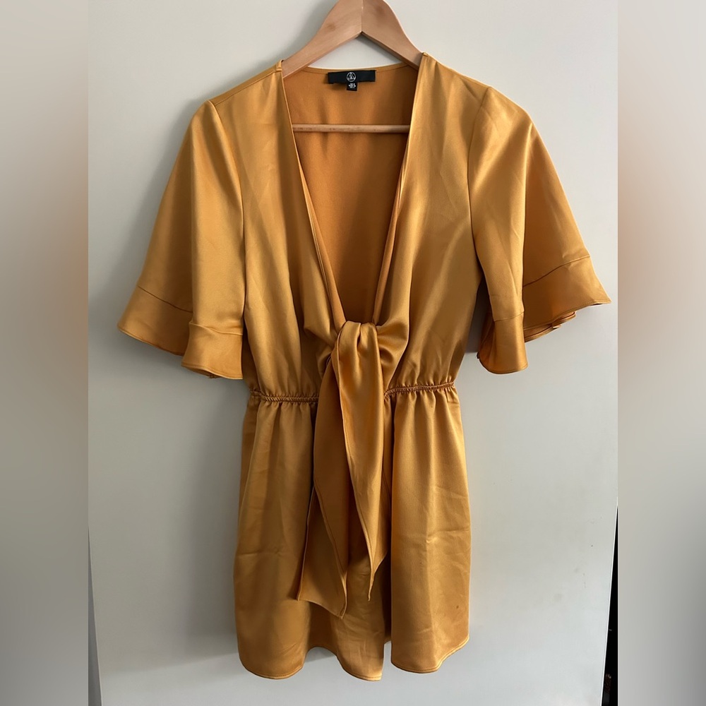 Satin Tie-Front Romper in Mustard Yellow